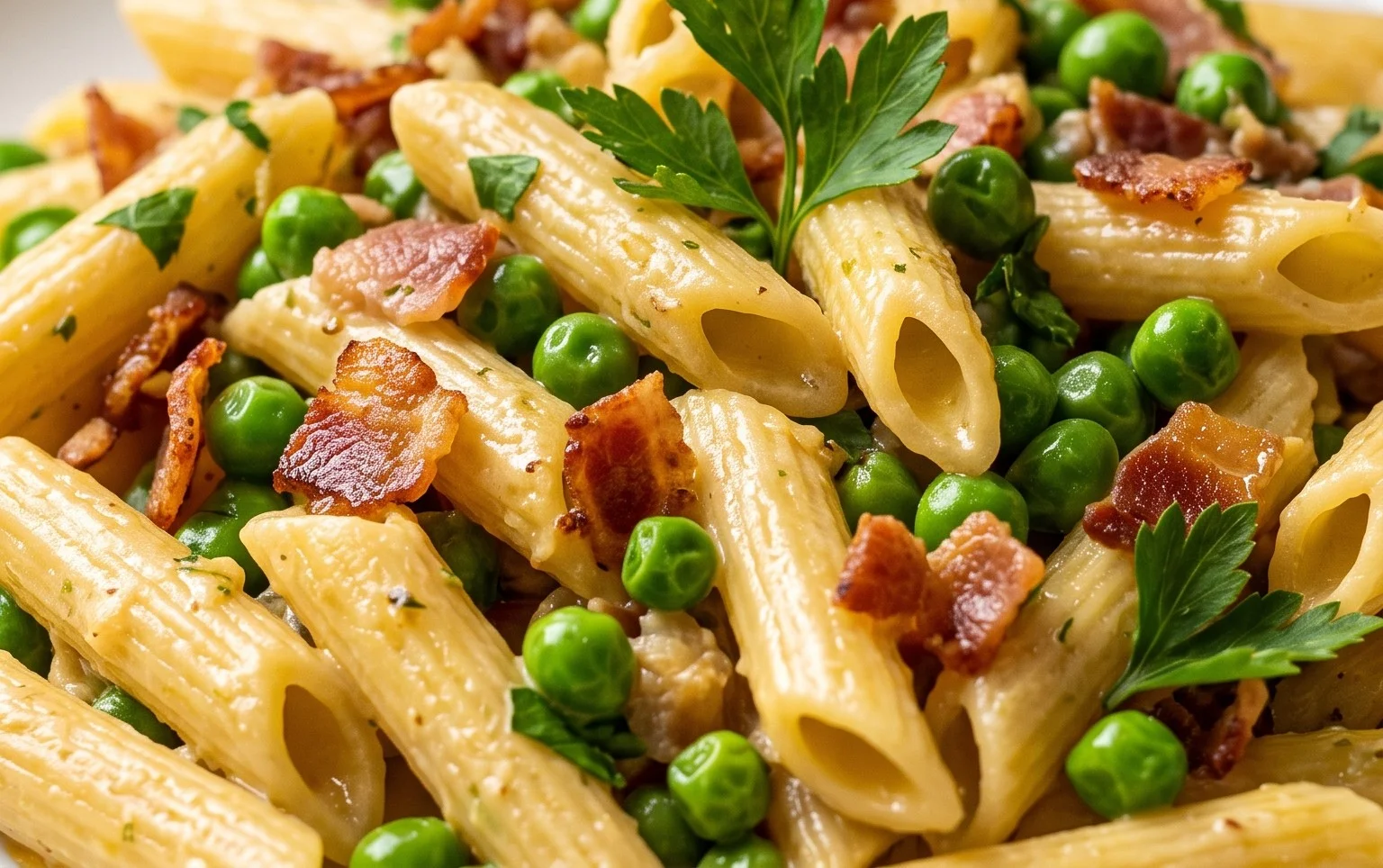 Penne Pasta, Peas and Beef Bacon