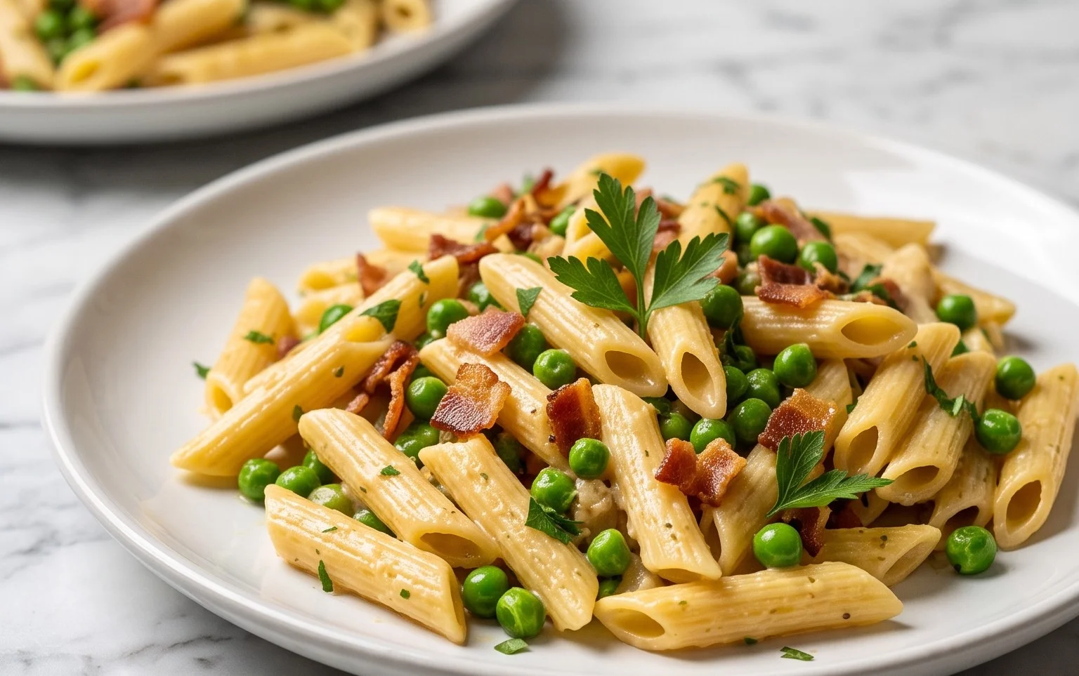 Penne Pasta, Peas and Beef Bacon