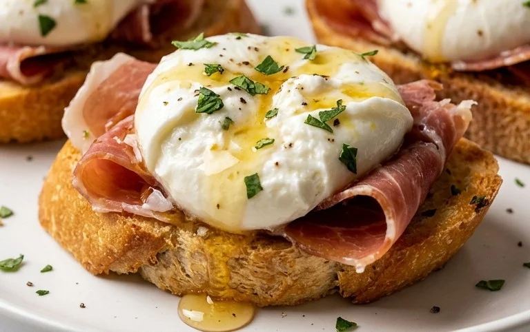 Beef Prosciutto Crostini with Burrata and Lemon Honey Drizzle