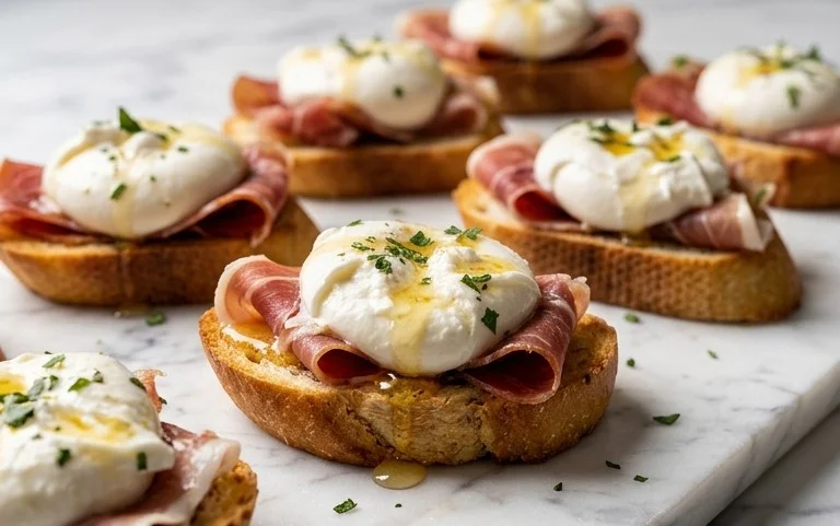 Beef Prosciutto Crostini with Burrata and Lemon Honey Drizzle